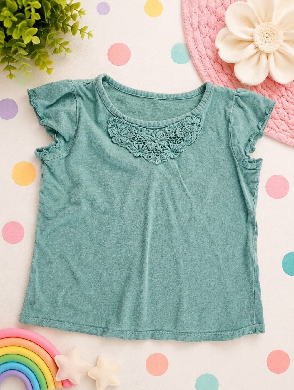 Sonoma Girls' Teal Lace-Yoke Ruffle Sleeve Tee